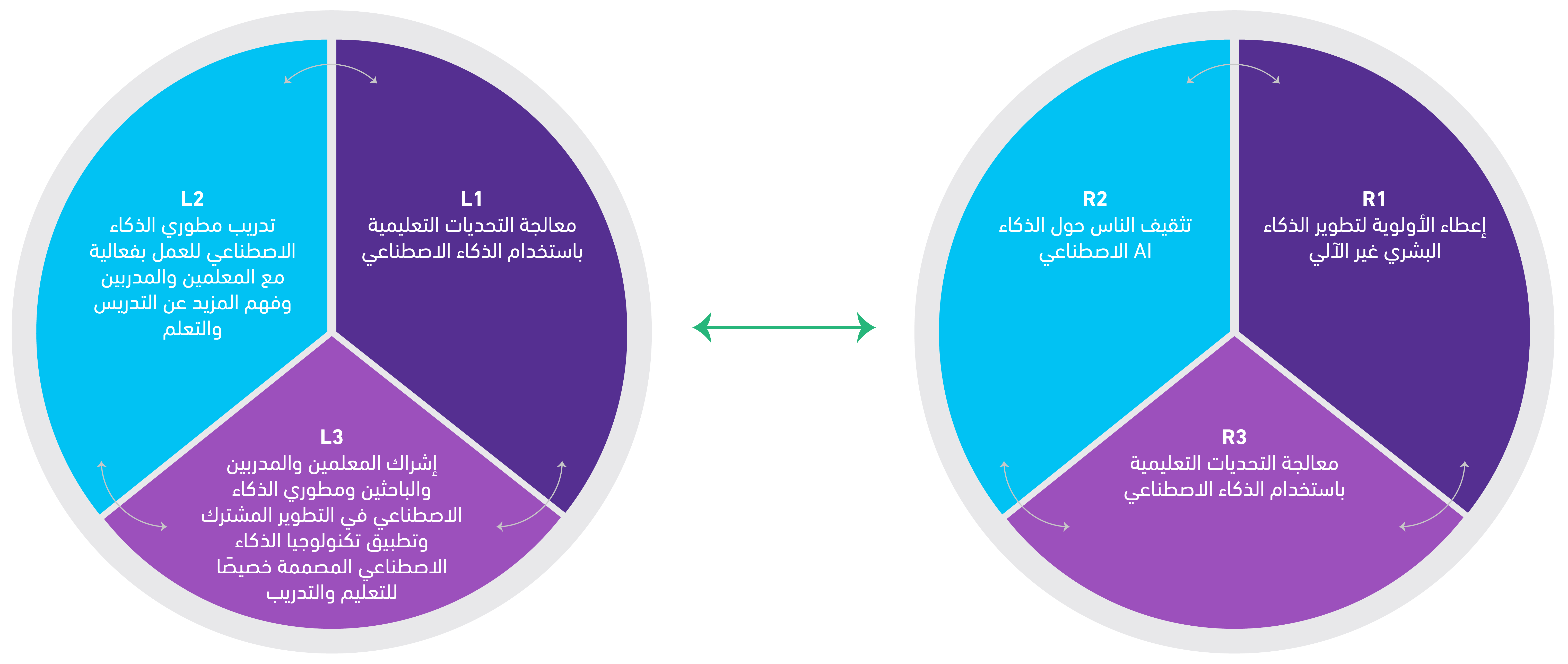 A diagram divided into three sections on each side, discussing AI training, challenges, and community engagement in education.