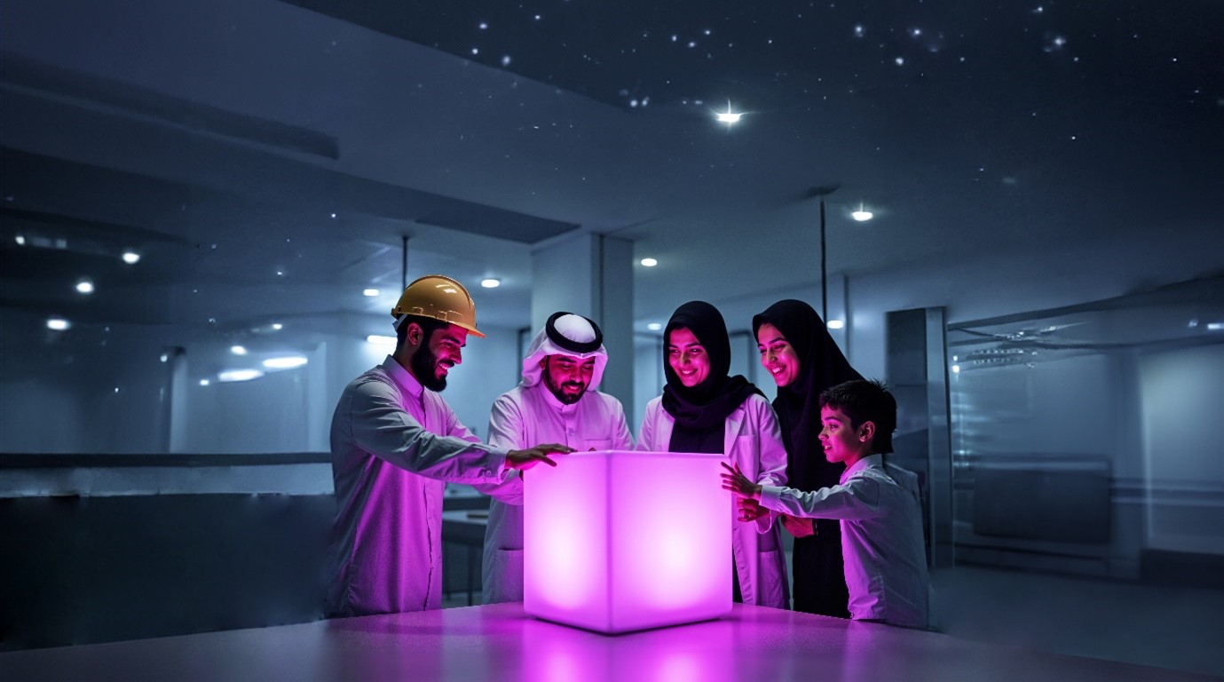  مجموعة من الأشخاص يرمزون لفئات مختلفة، أحدهم طالب والأخرى طالبة جامعية والثالثة بلباس طبي ورجل في أواخر الثلاثينات يرتدي غترة بيضاء والأخير مهندس يرتدي خوذة صفراء، يضعون أيديهم على مربع مشعّ باللون البنفسجي