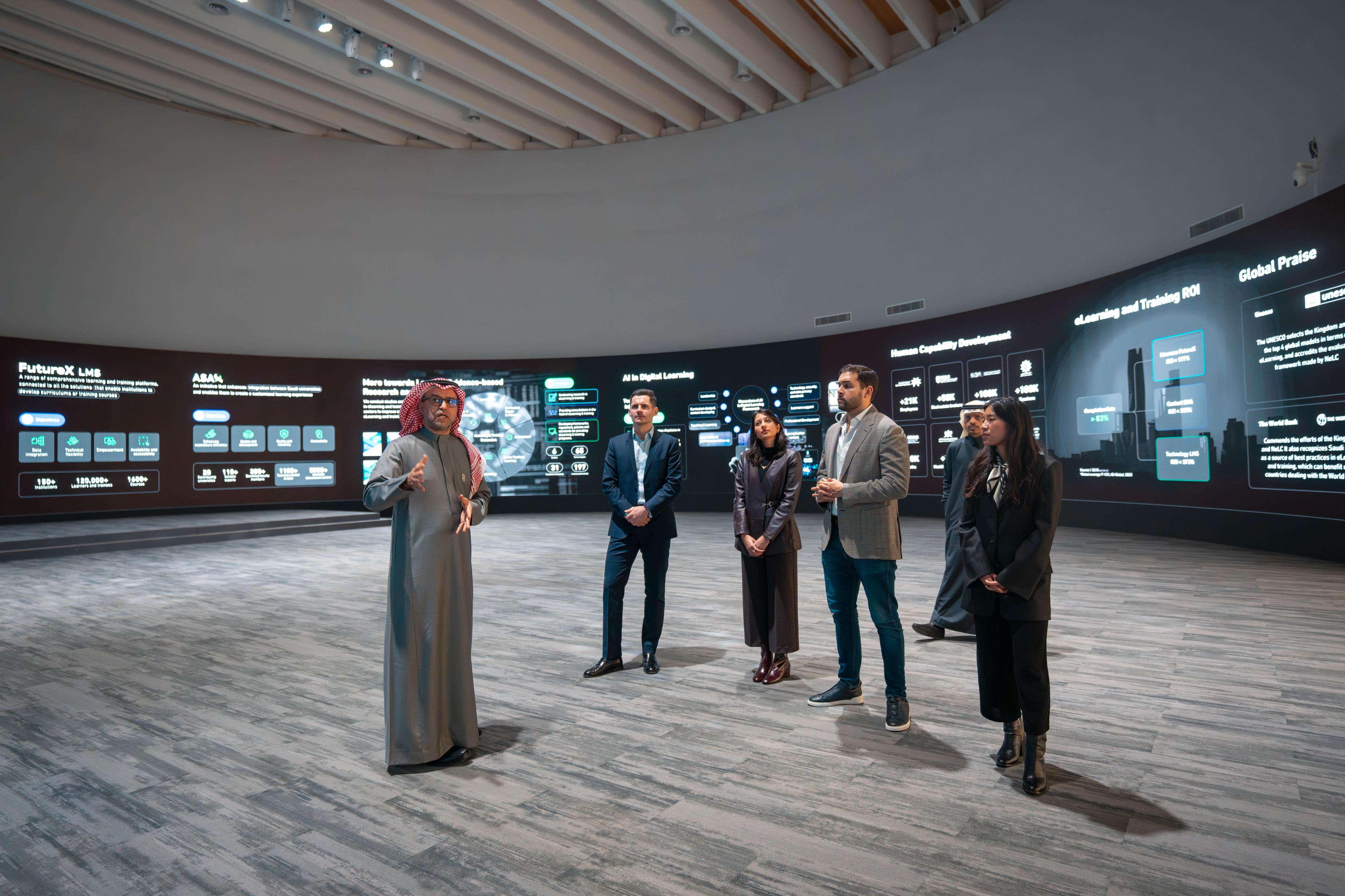 صورة تعكس الوفد الزائر من شركة Open AI للمركز الوطني للتعليم الإلكتروني، حيث توضح سعادة مدير عام المركز الدكتور عبدالله الوليدي إلى جانب 3 رجال، وامرأتان.