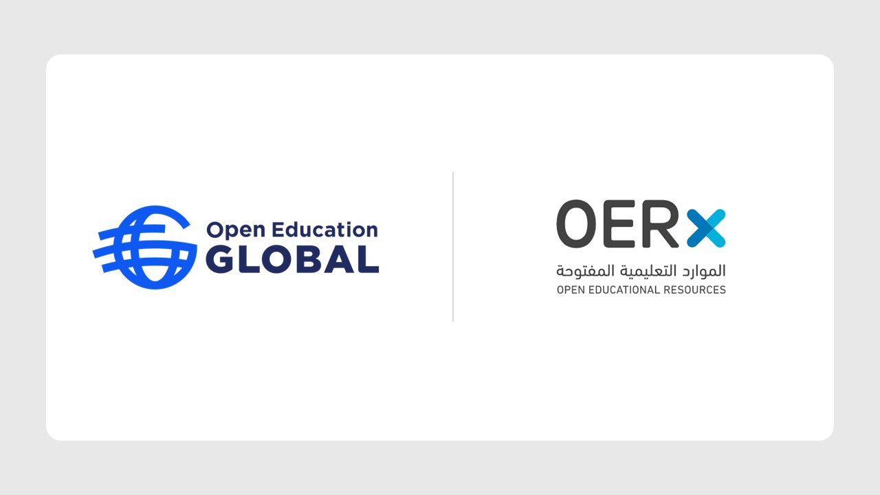 شعار منظمة التعليم المفتوح العالمية Open Education Global على اليسار، وشعار المنصة الوطنية للموارد التعليمية المفتوحة OERx على اليمين.